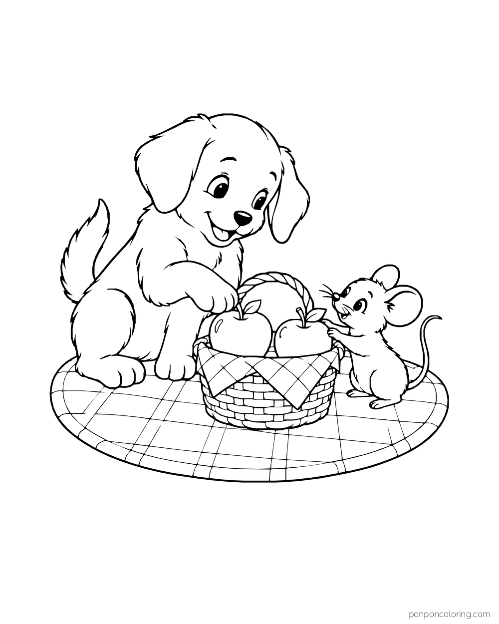 A puppy and tiny mouse share a picnic basket of apples on a round cloth.