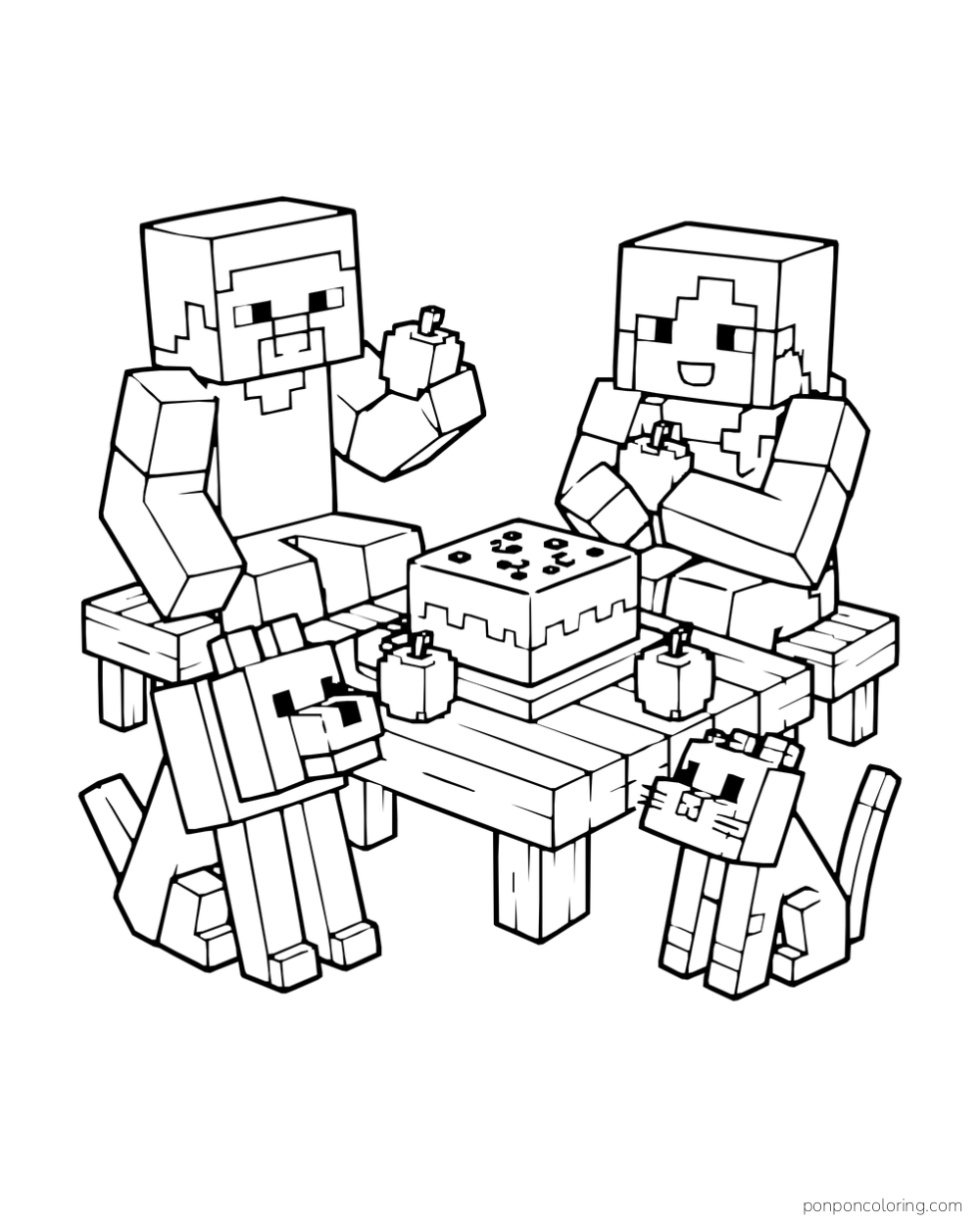 Steve and Alex share cake and apples at a low picnic table with a wolf and cat.