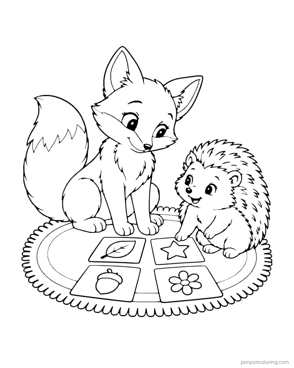 A fox and hedgehog look at picture cards on a round rug.
