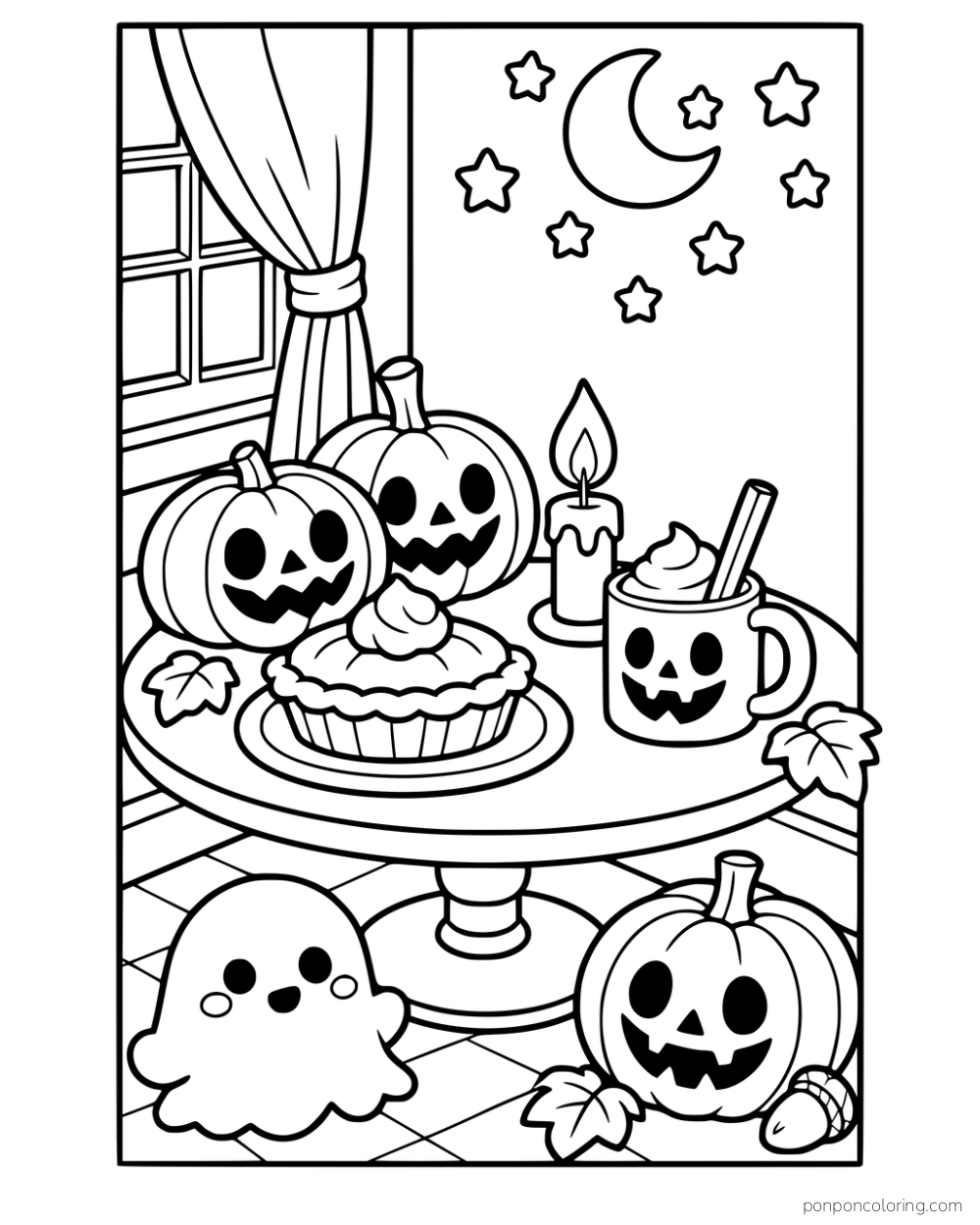 A table holds a pie, carved pumpkins, a candle, and a mug, while a little ghost sits below it.