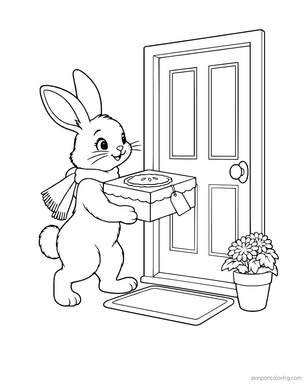 A rabbit carries a pie box to a front door with a mat and potted flowers.