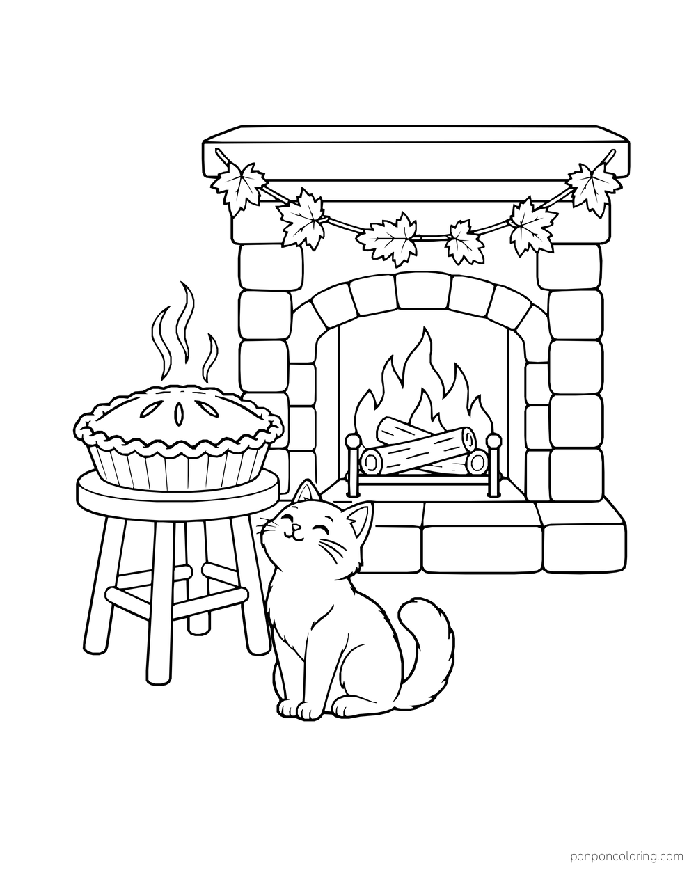 A pie cools on a stool near a leafy fireplace while a cat sits beside it.