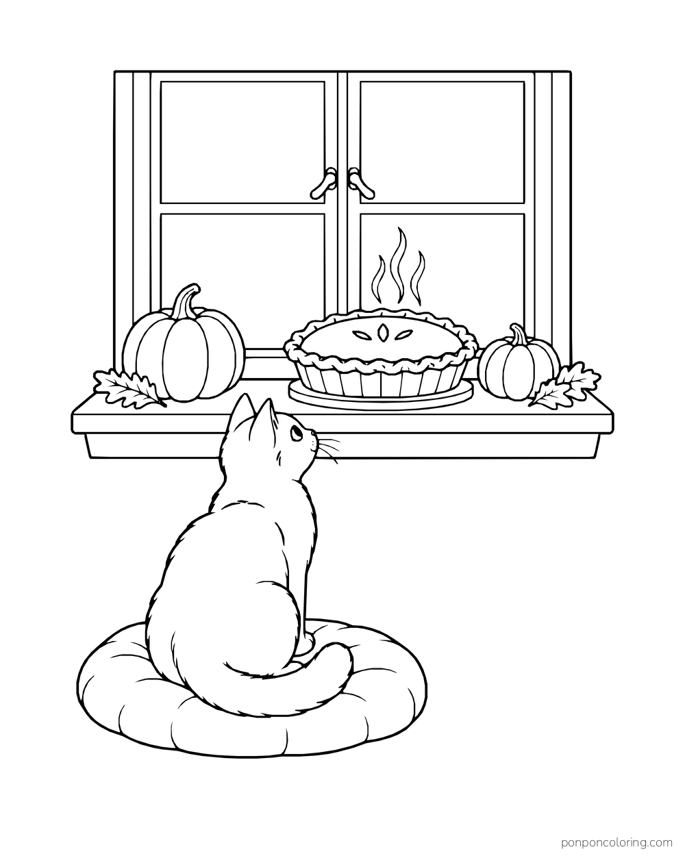 A cat watches a steaming pie on a windowsill between two little pumpkins.