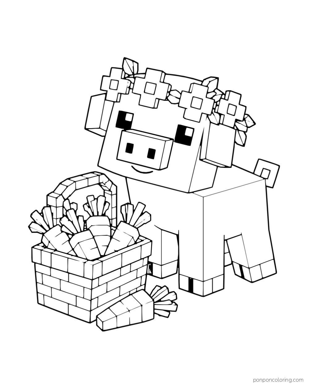 A Minecraft pig wears a flower crown beside a basket of carrots.