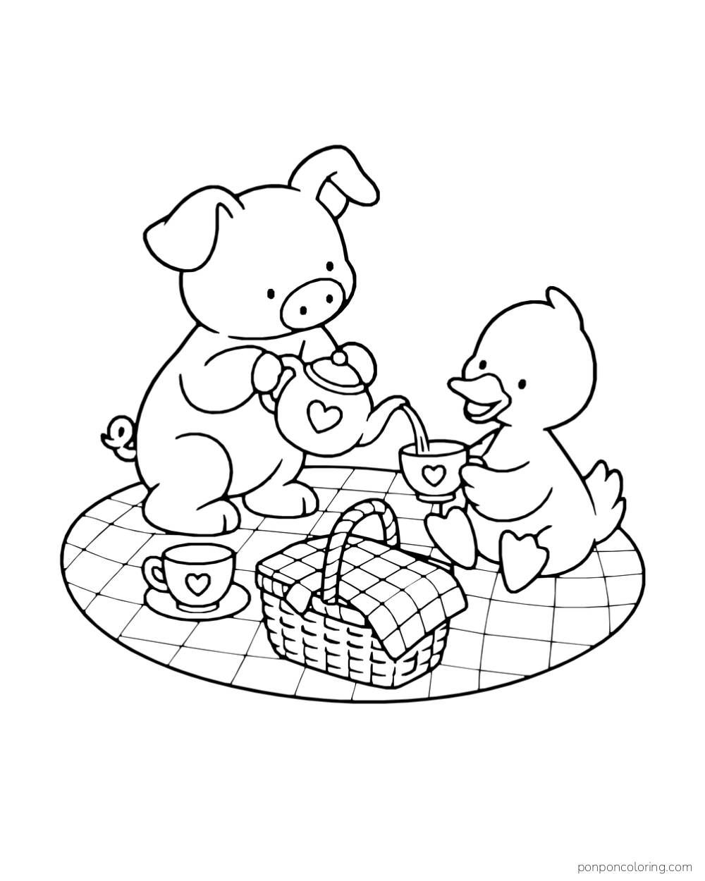 A piglet pours tea into a cup held by a duck on a checked picnic blanket beside a basket.
