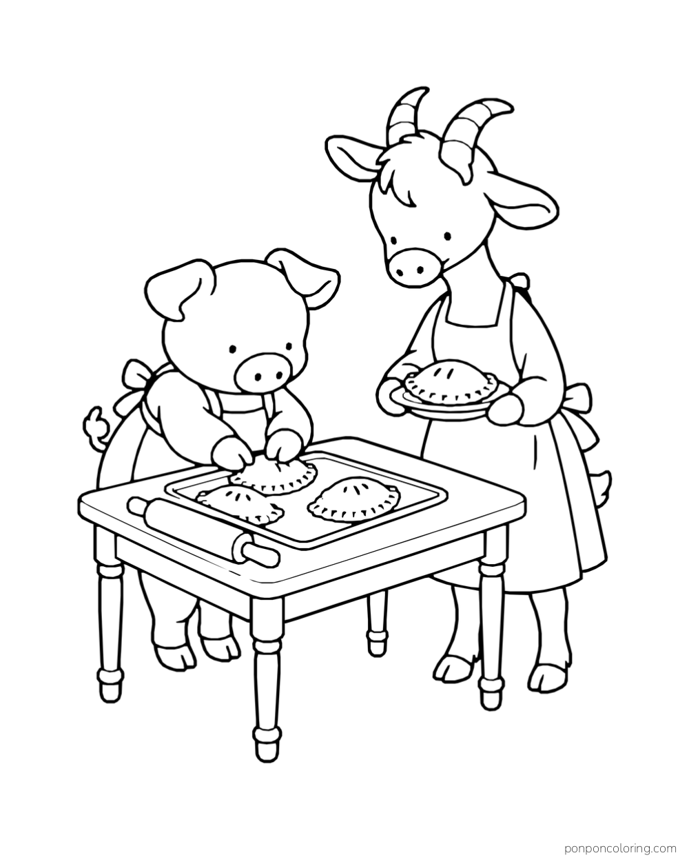 A piglet presses pastry on a tray while a goat holds a pastry plate beside a small table.