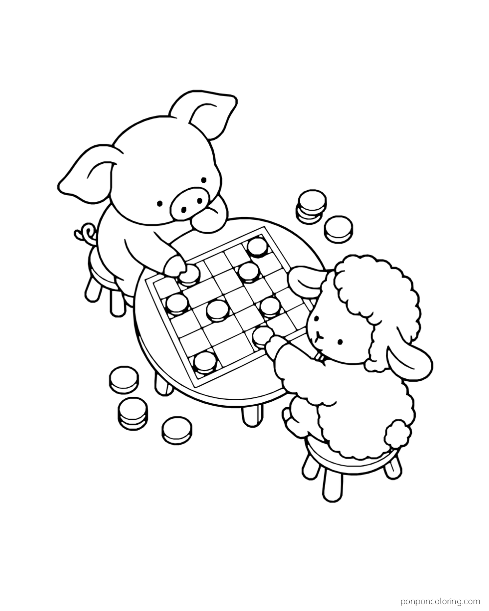 A piglet and lamb sit at a round table with a grid game board and round playing pieces.