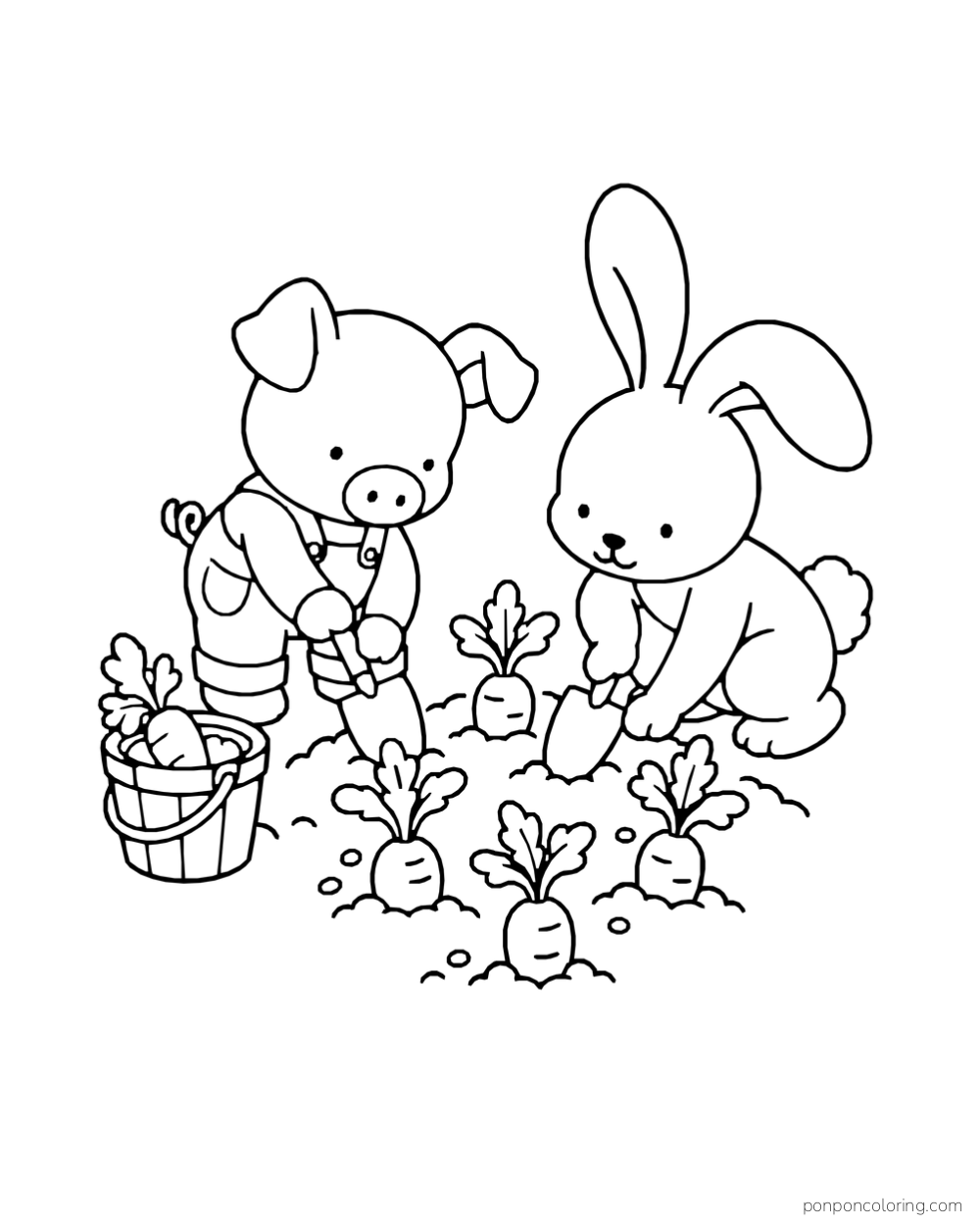 A piglet and rabbit use trowels in a carrot patch beside a basket of carrots.