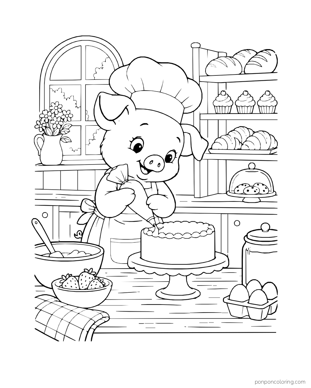 A piglet baker pipes icing around a round cake on a stand.