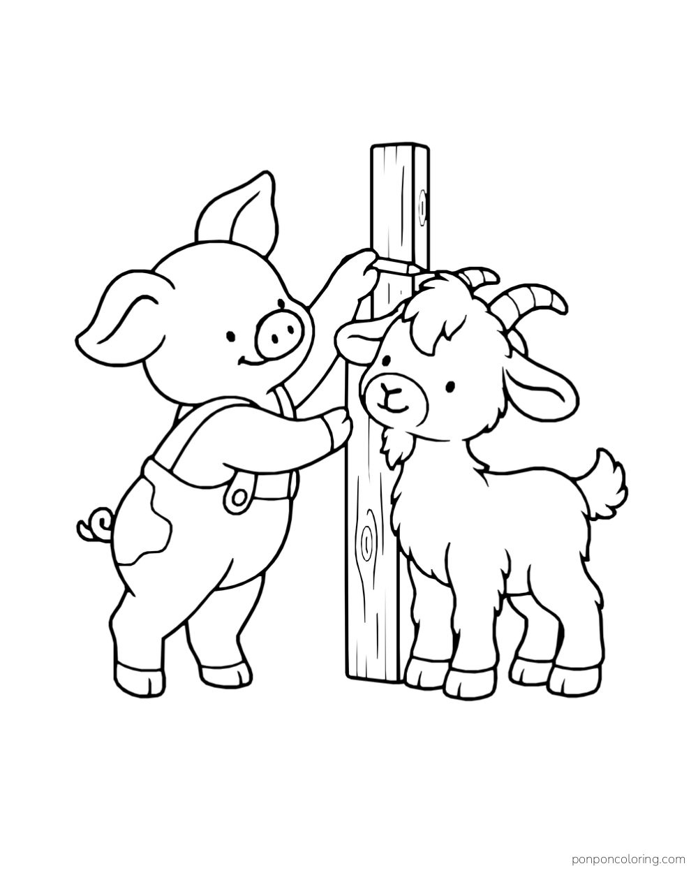 A piglet holds a pencil beside a goat’s head against a plain wooden post.