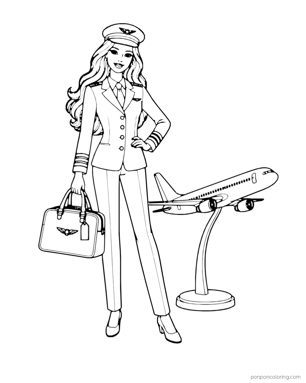 Barbie wears a pilot uniform and holds a flight bag beside a model airplane on a stand.