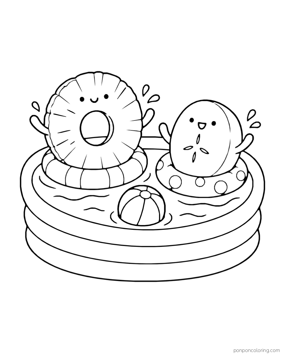 A pineapple ring and an apple slice float in swim rings in a small pool with a beach ball.
