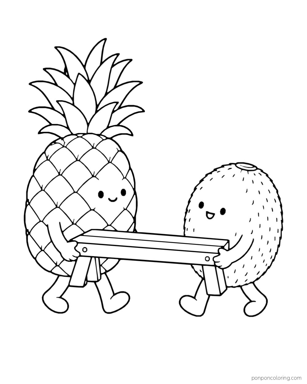 A pineapple and a coconut carry a wooden bench together.