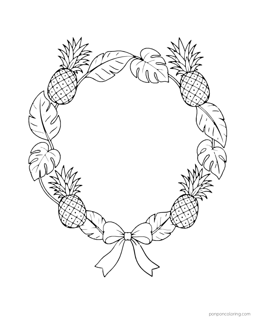 Open circular wreath of four small pineapples, broad leaves, and a ribbon bow.