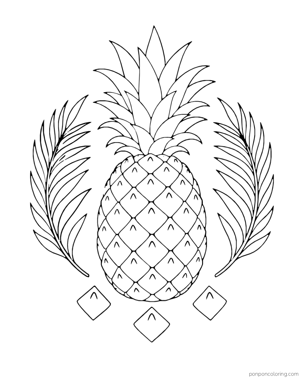 Tall whole pineapple framed by two curved tropical fronds with three diamond shapes below.