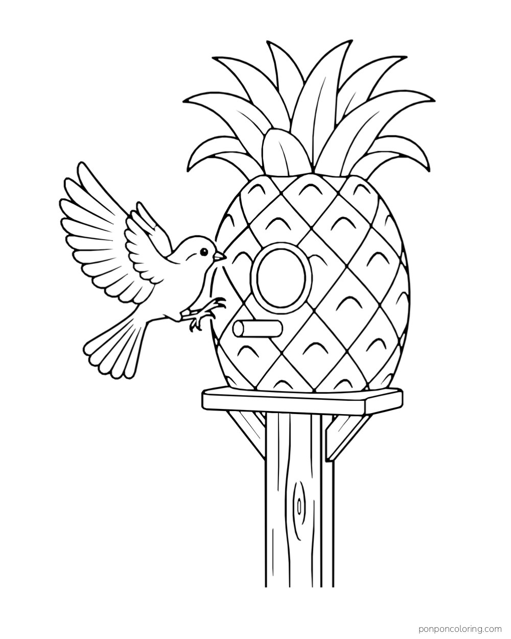 Bird flying toward the perch of a pineapple-shaped birdhouse on a wooden post.