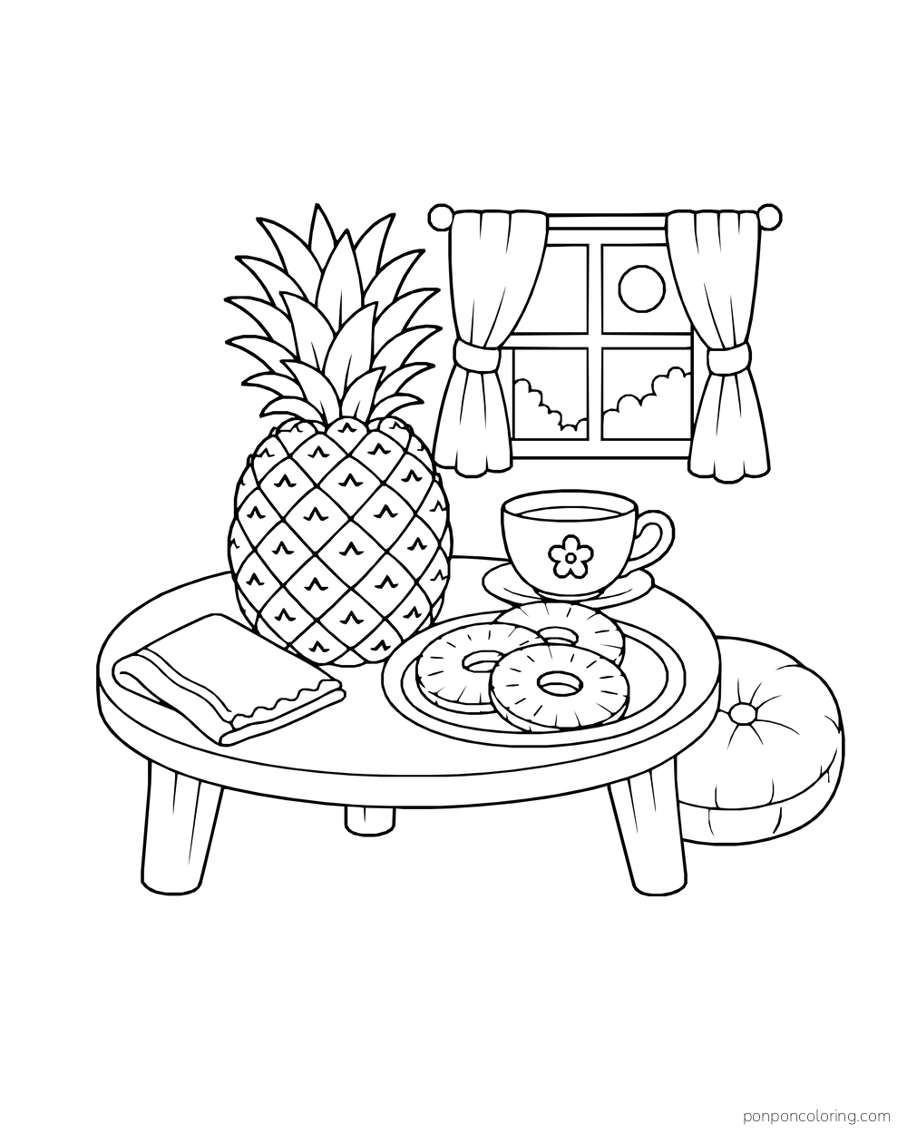 Whole pineapple and three pineapple rings on a low table with a flower cup, folded napkin, and floor cushion.
