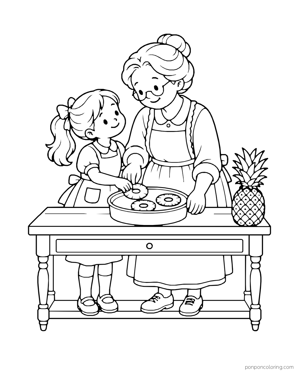 Older woman and child shaping round pastries at a table with a whole pineapple nearby.