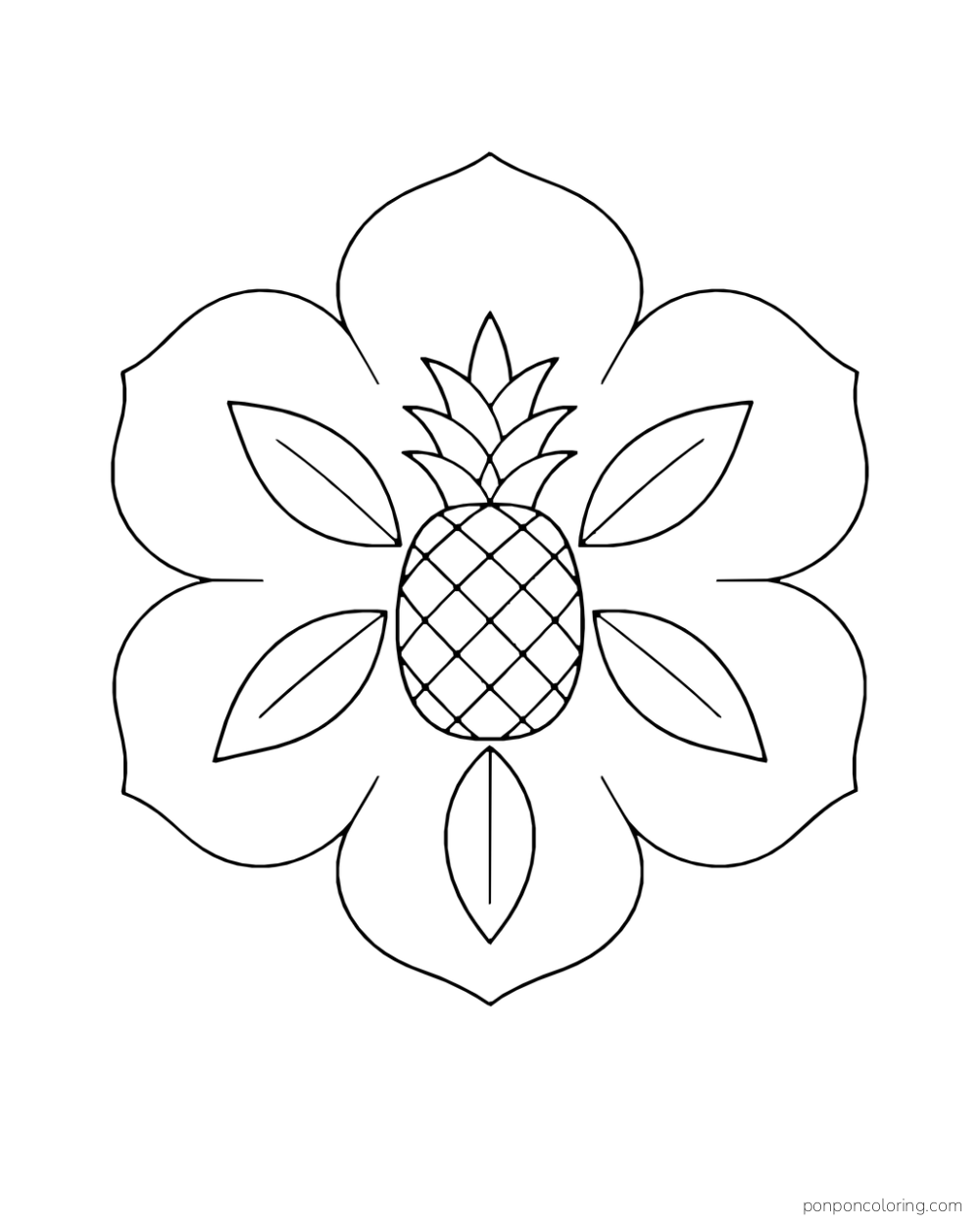 Small whole pineapple centered inside six broad flower petals with leaf shapes between.