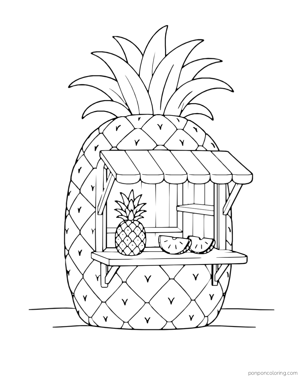 Small open stall with a whole pineapple and two slices set before a giant pineapple backdrop.