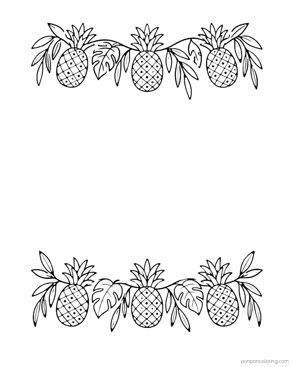 Rows of three small pineapples and leaves along the top and bottom of an otherwise blank page.