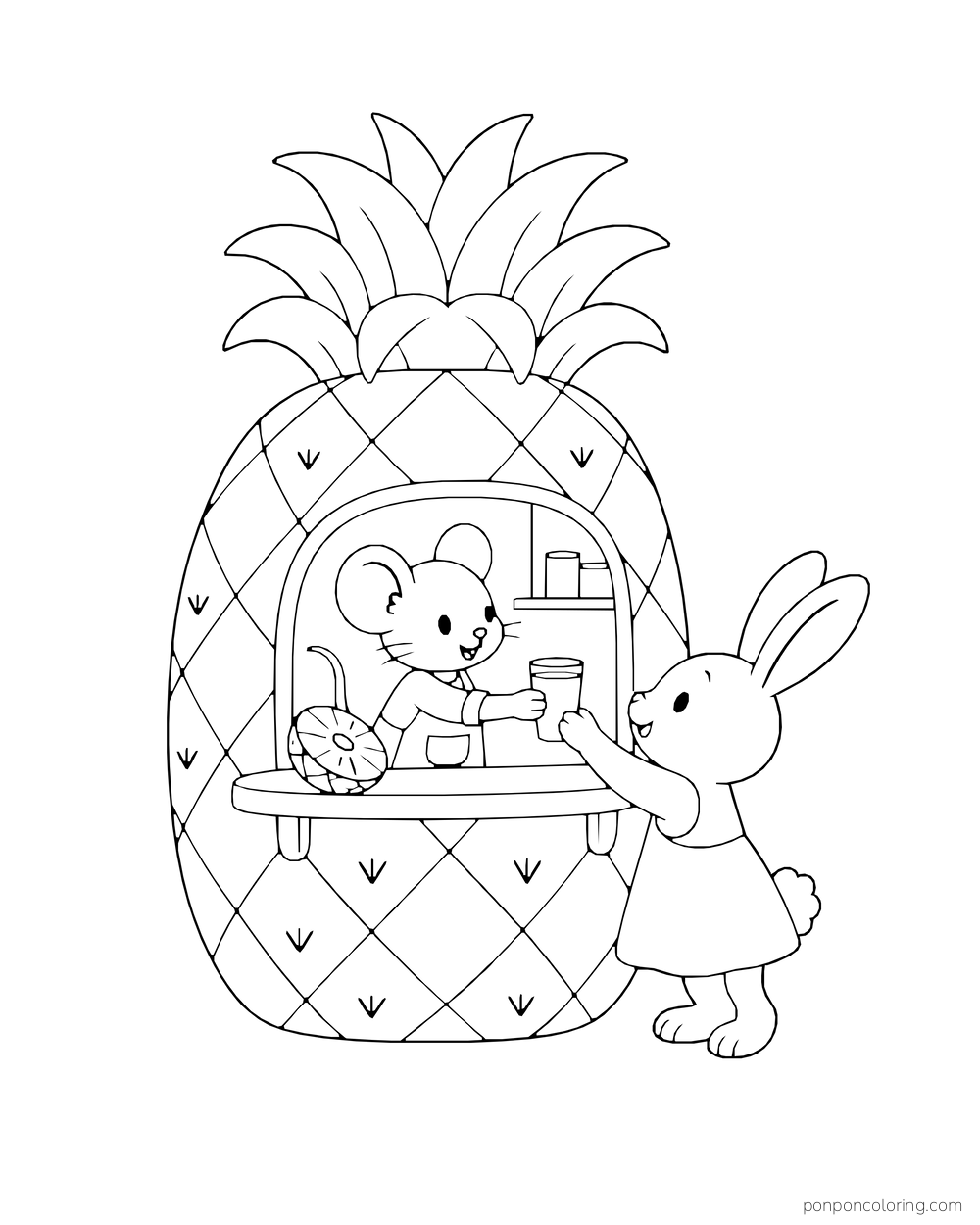 Mouse behind a counter inside a pineapple-shaped stand while a rabbit waits outside.