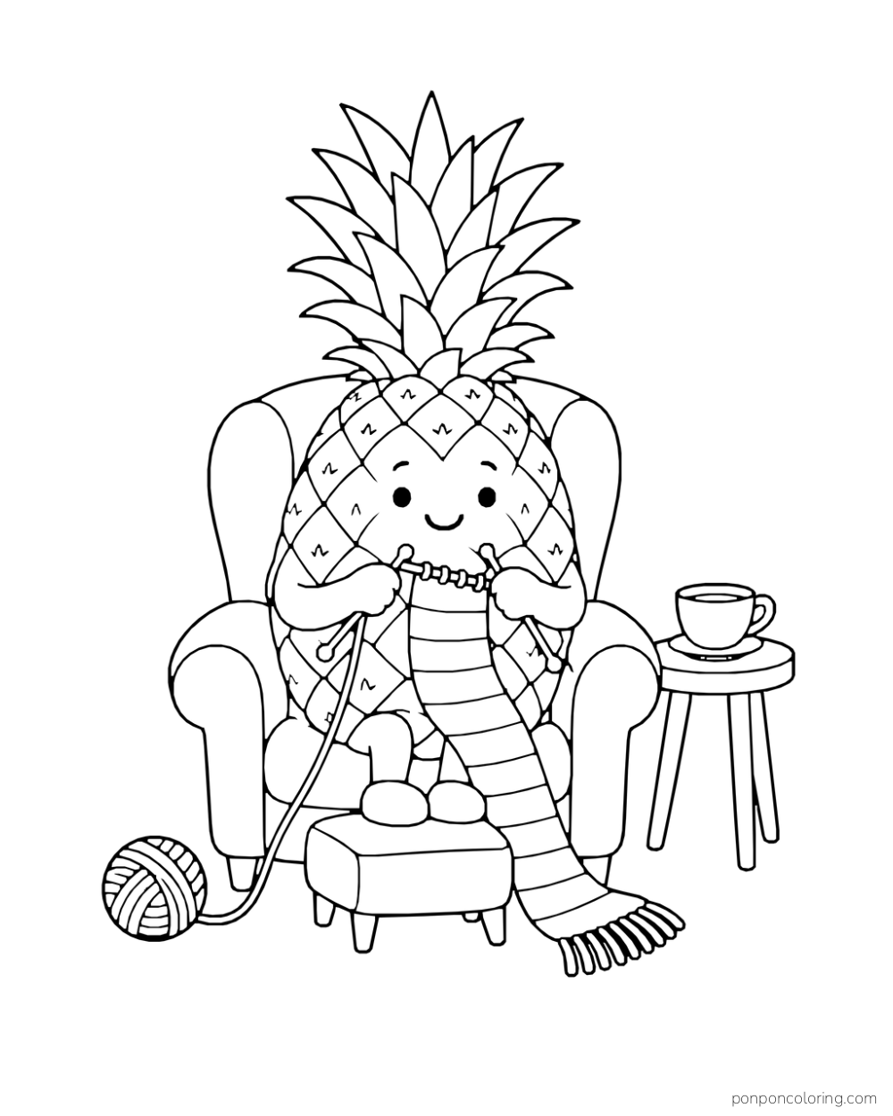 Smiling pineapple character knitting in an armchair beside a yarn ball, cup, and footstool.