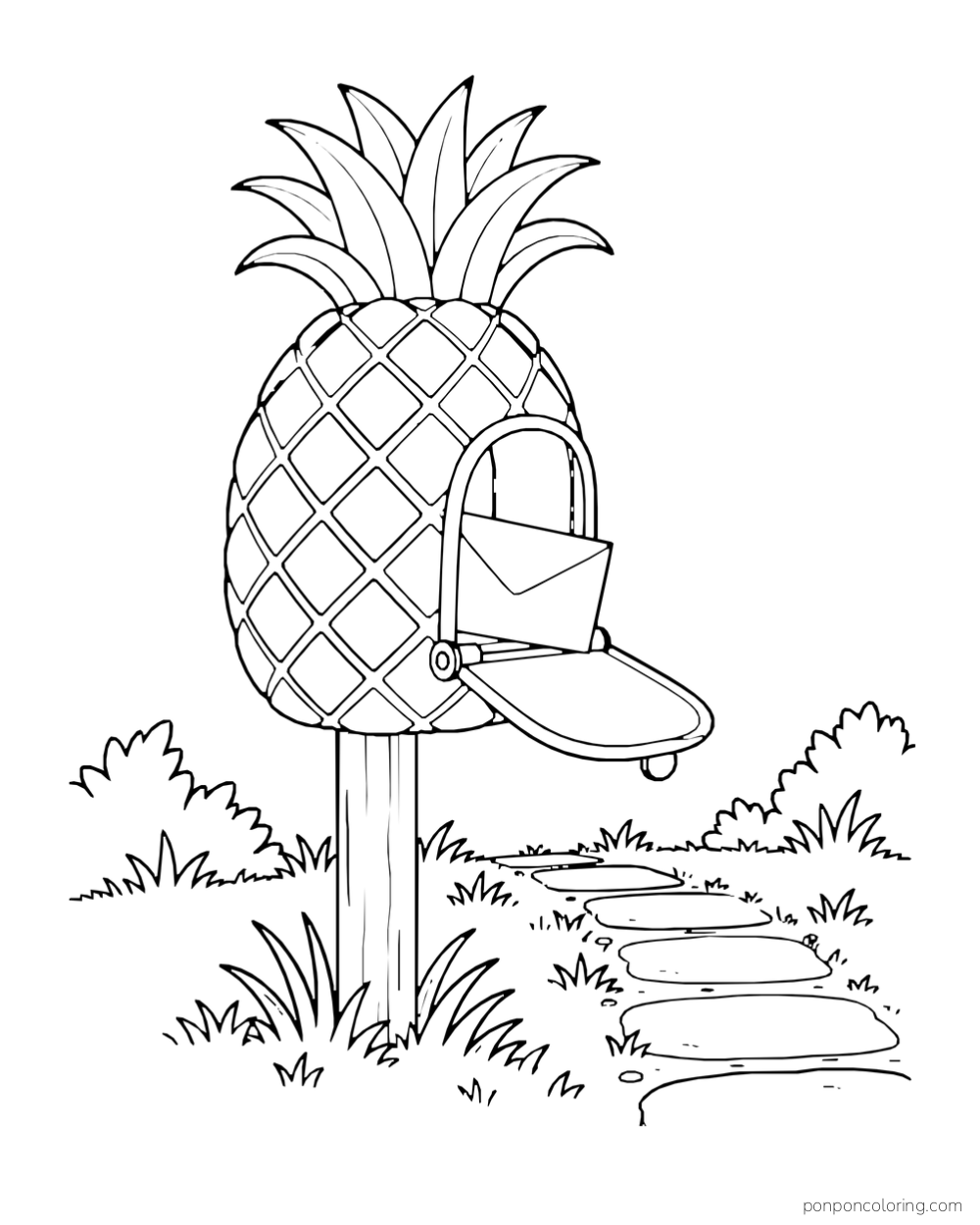 Pineapple-shaped mailbox on a post with its front flap open and envelope tucked inside.