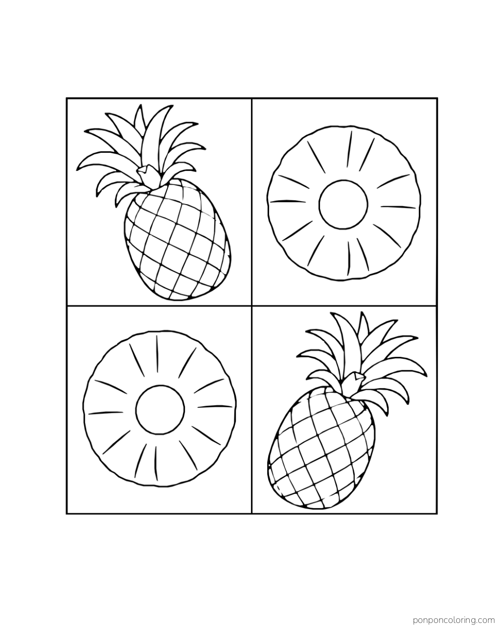 Four-panel quilt block alternating two whole pineapples with two pineapple rings.