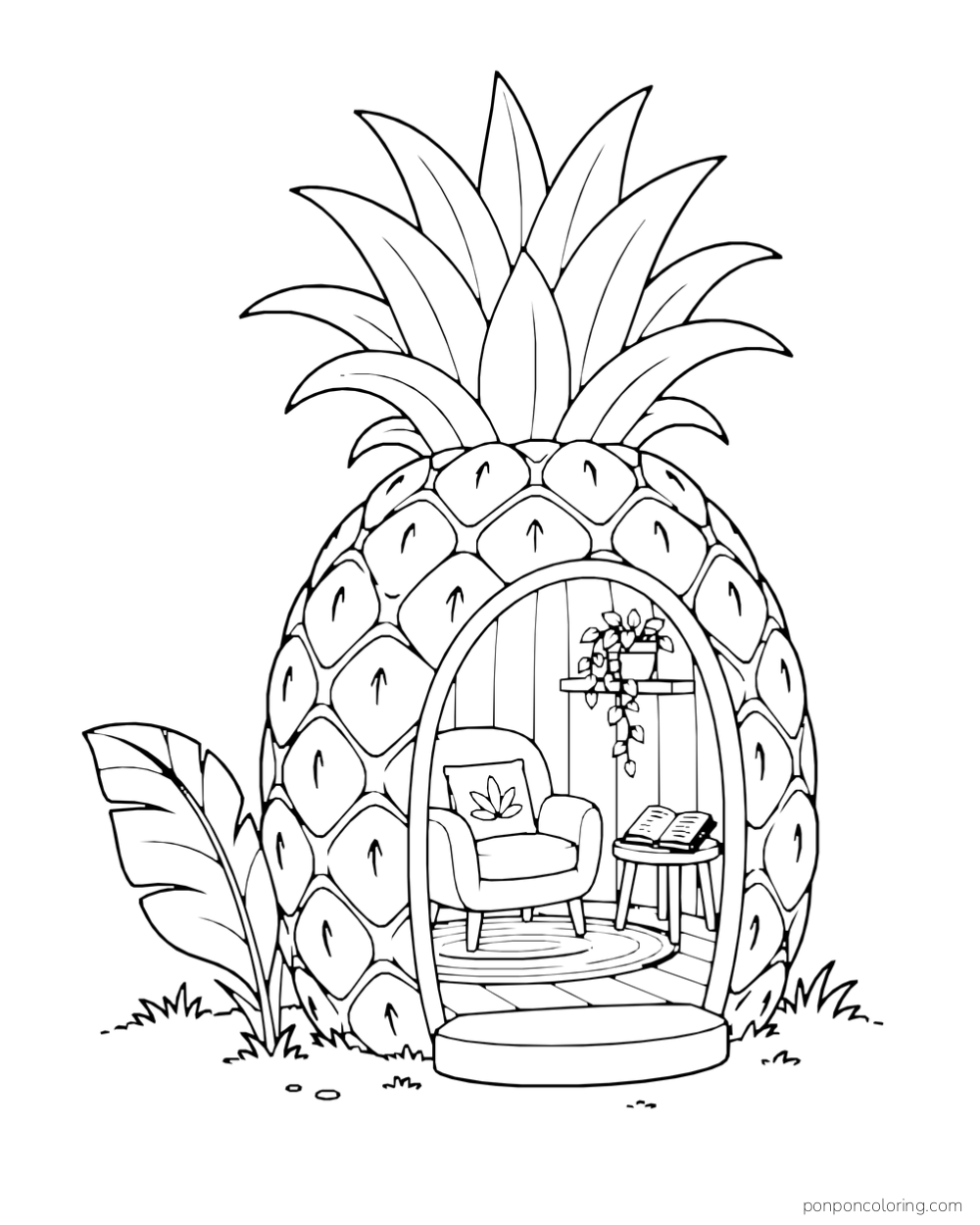 Pineapple-shaped reading nook with an arched doorway, chair, open book, and small plant inside.