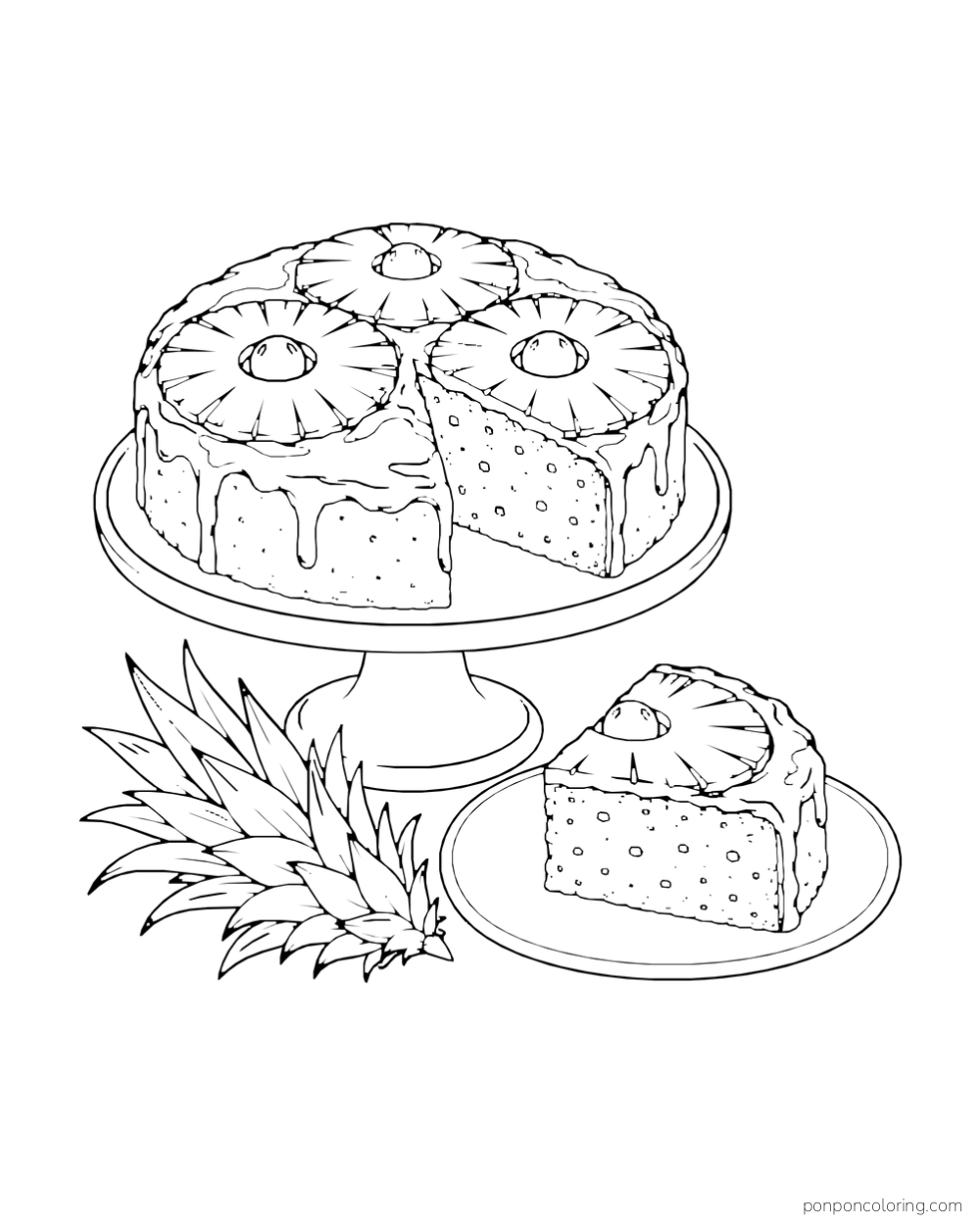 Round cake topped with pineapple rings on a stand, with one cut slice on a plate.
