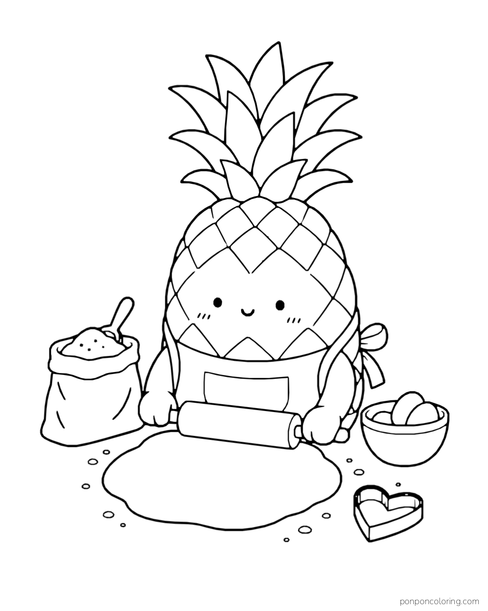 A pineapple wearing an apron rolls dough beside flour, eggs and a heart-shaped cutter.