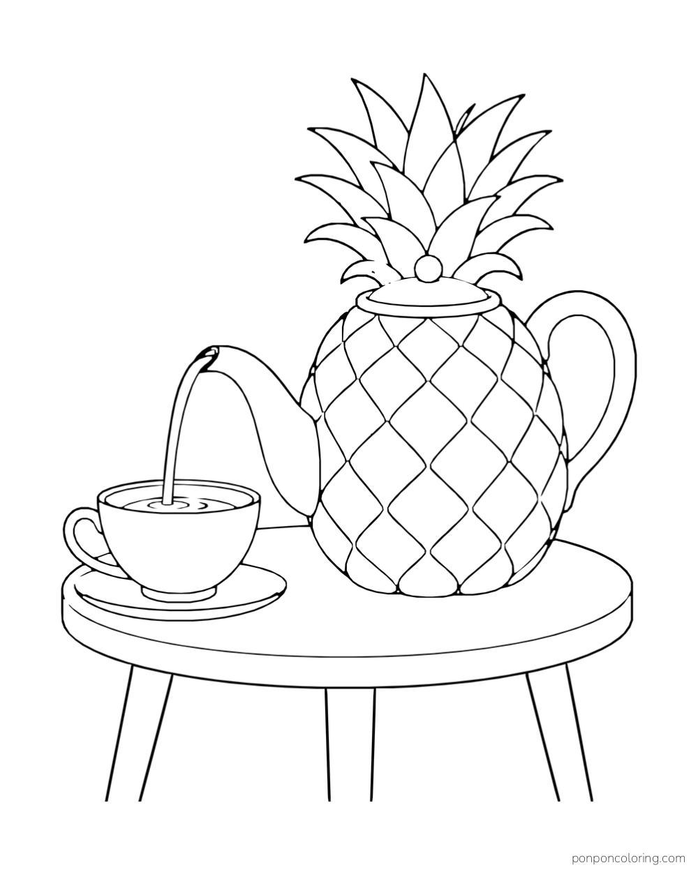 Pineapple-shaped teapot pouring into one cup on a small round table.