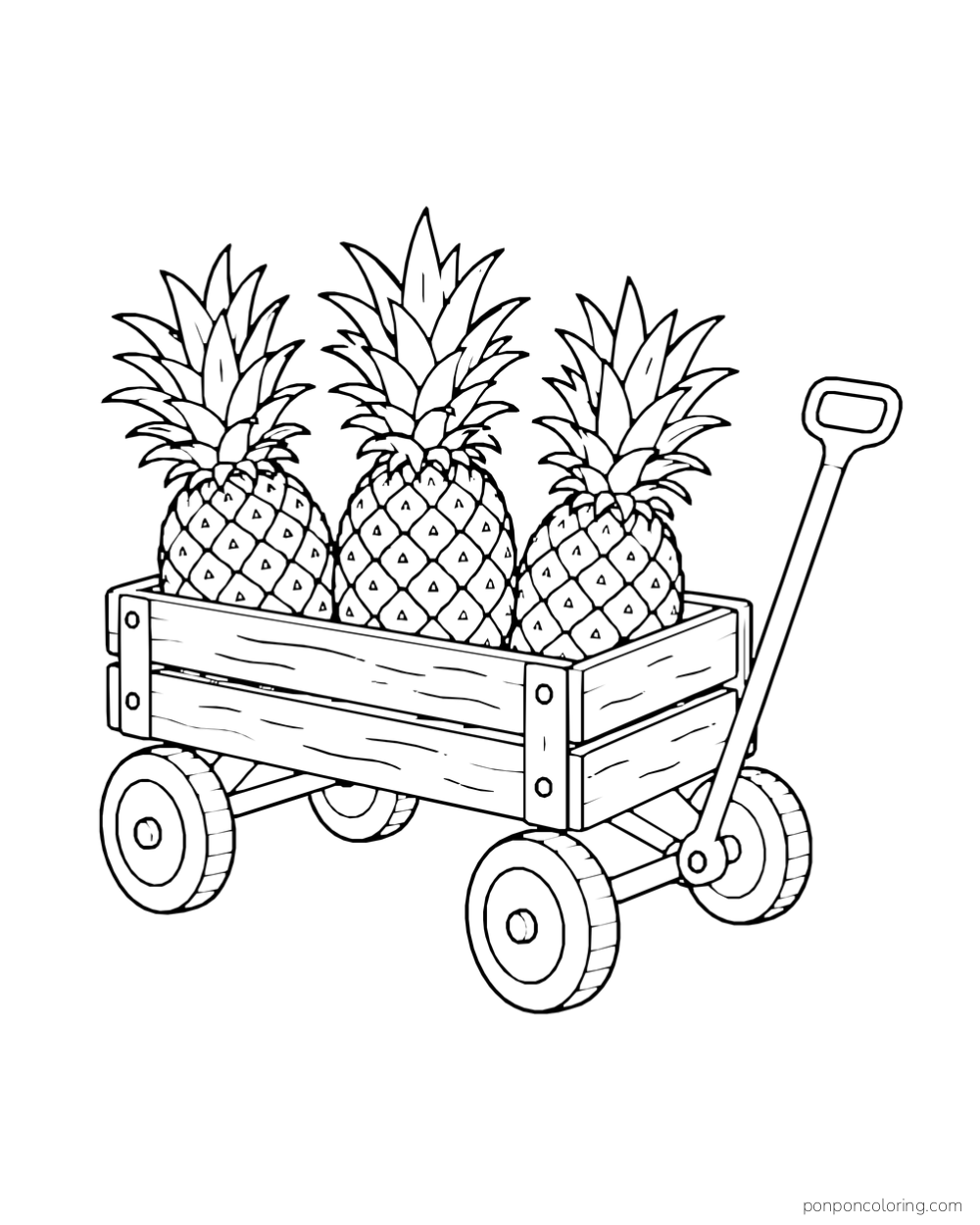 Four-wheel wooden wagon carrying three whole pineapples with a pull handle.