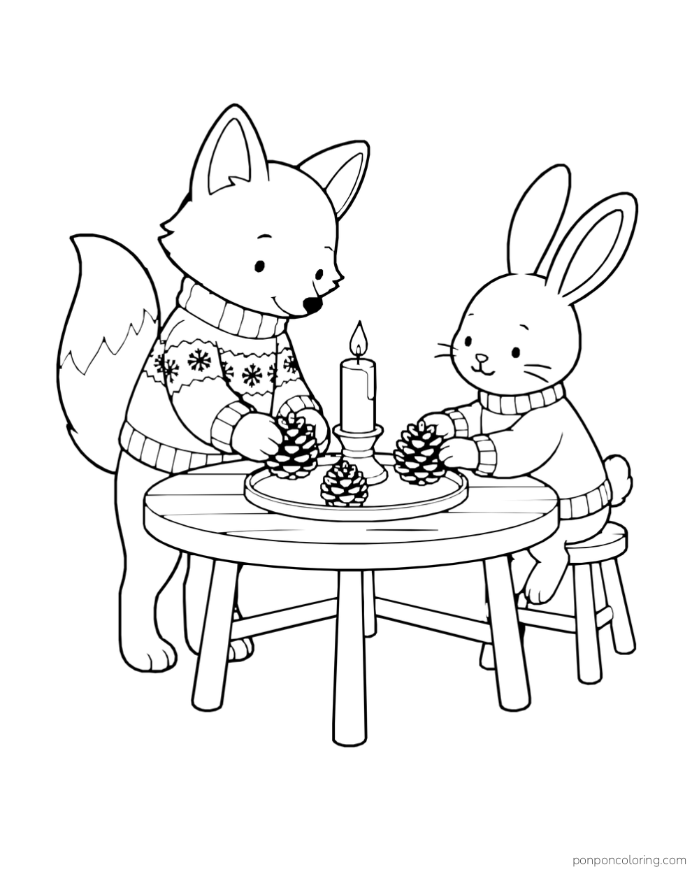 A fox and rabbit arrange pinecones around a candle on a round tray.