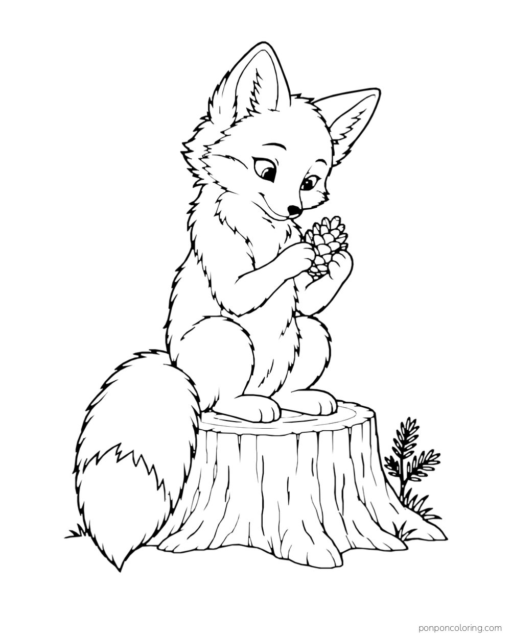 A fox sits on a low stump and holds a pinecone between its paws.