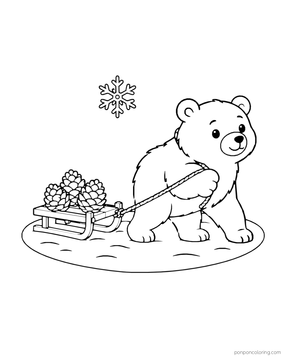 A four-paw bear pulls a low sled of pinecones over a rounded snow patch.