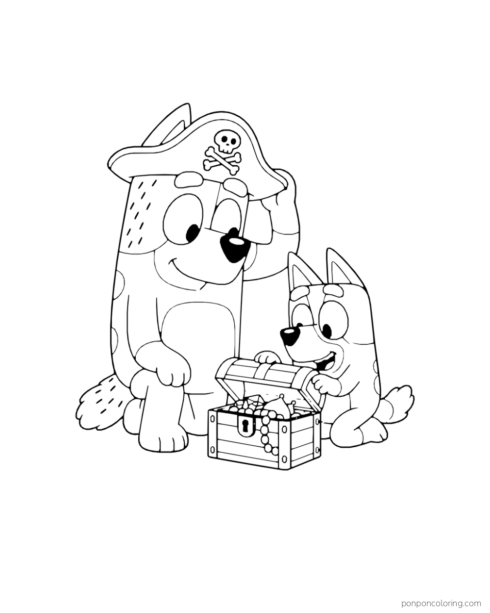 Bandit wears a pirate hat while Bluey opens a treasure chest.