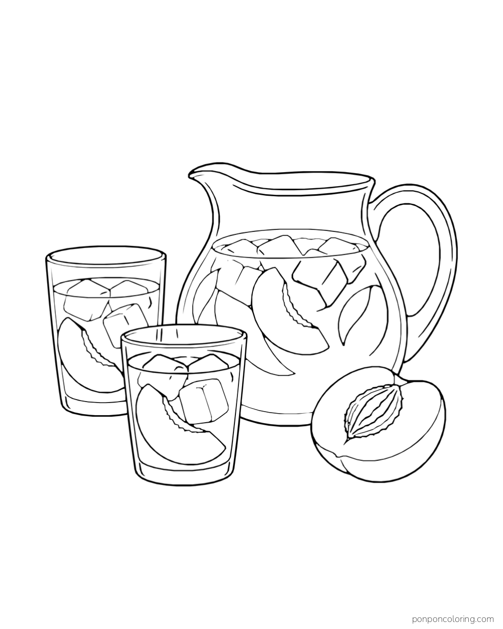 Pitcher with peach slices beside two glasses and a cut peach half.