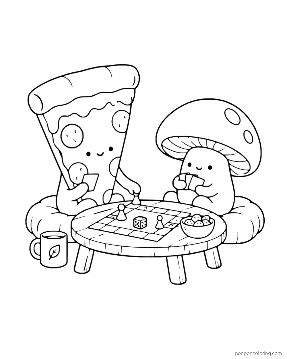A pizza slice and mushroom hold cards while playing a board game at a round table.