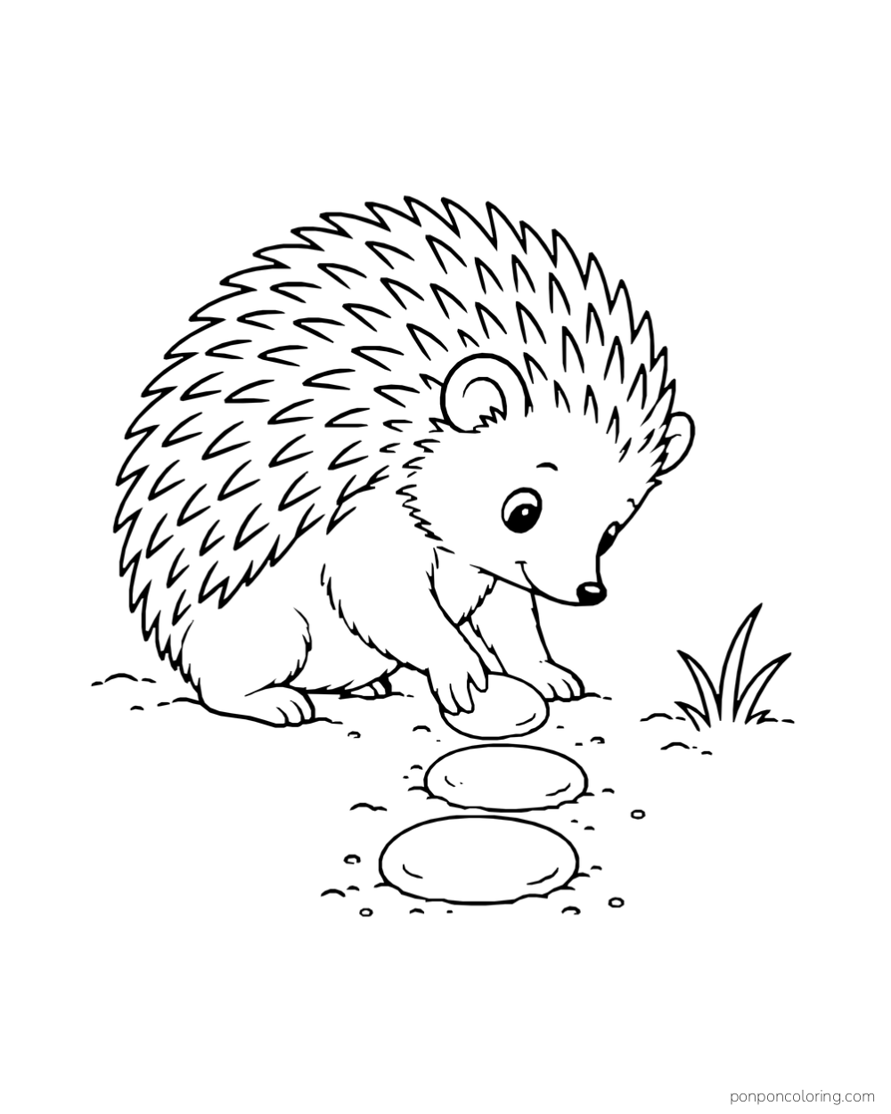 A crouching hedgehog touches a row of three round stepping stones in the dirt.