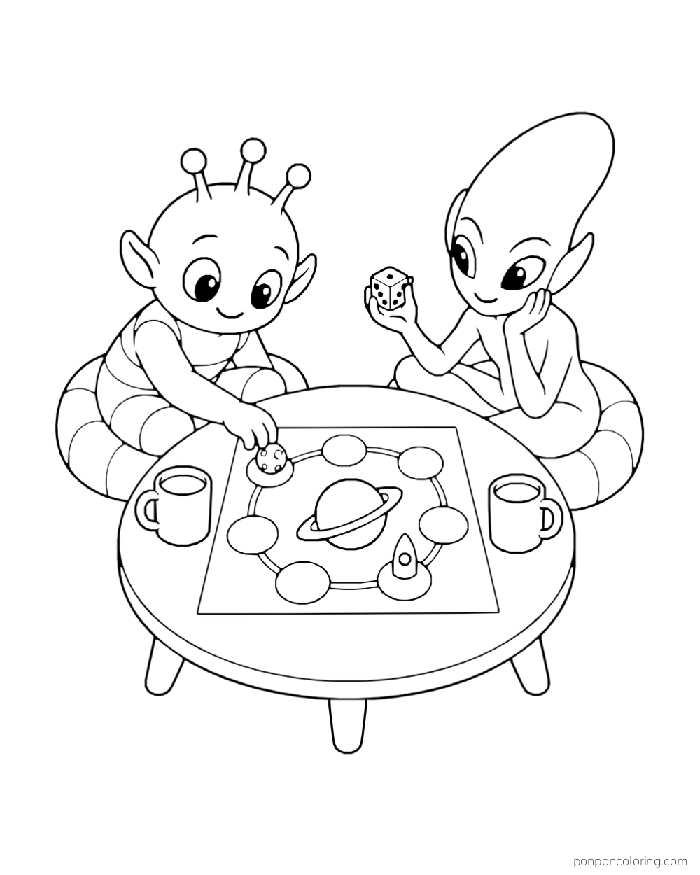 Two aliens play a planet path board game at a round table.