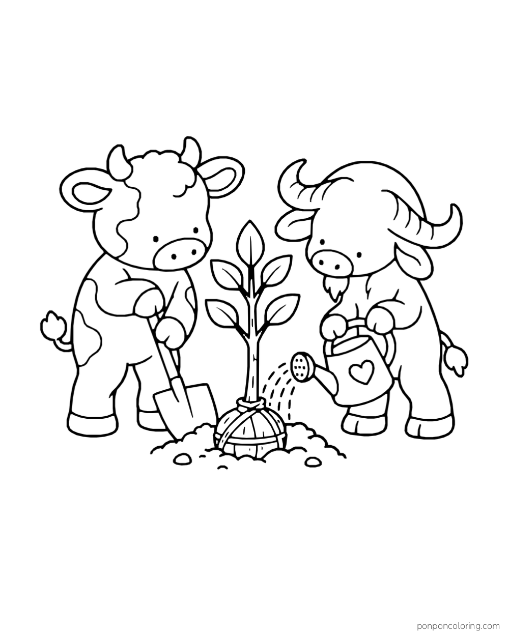 A calf holds a shovel while a goat waters the root ball of a young tree.