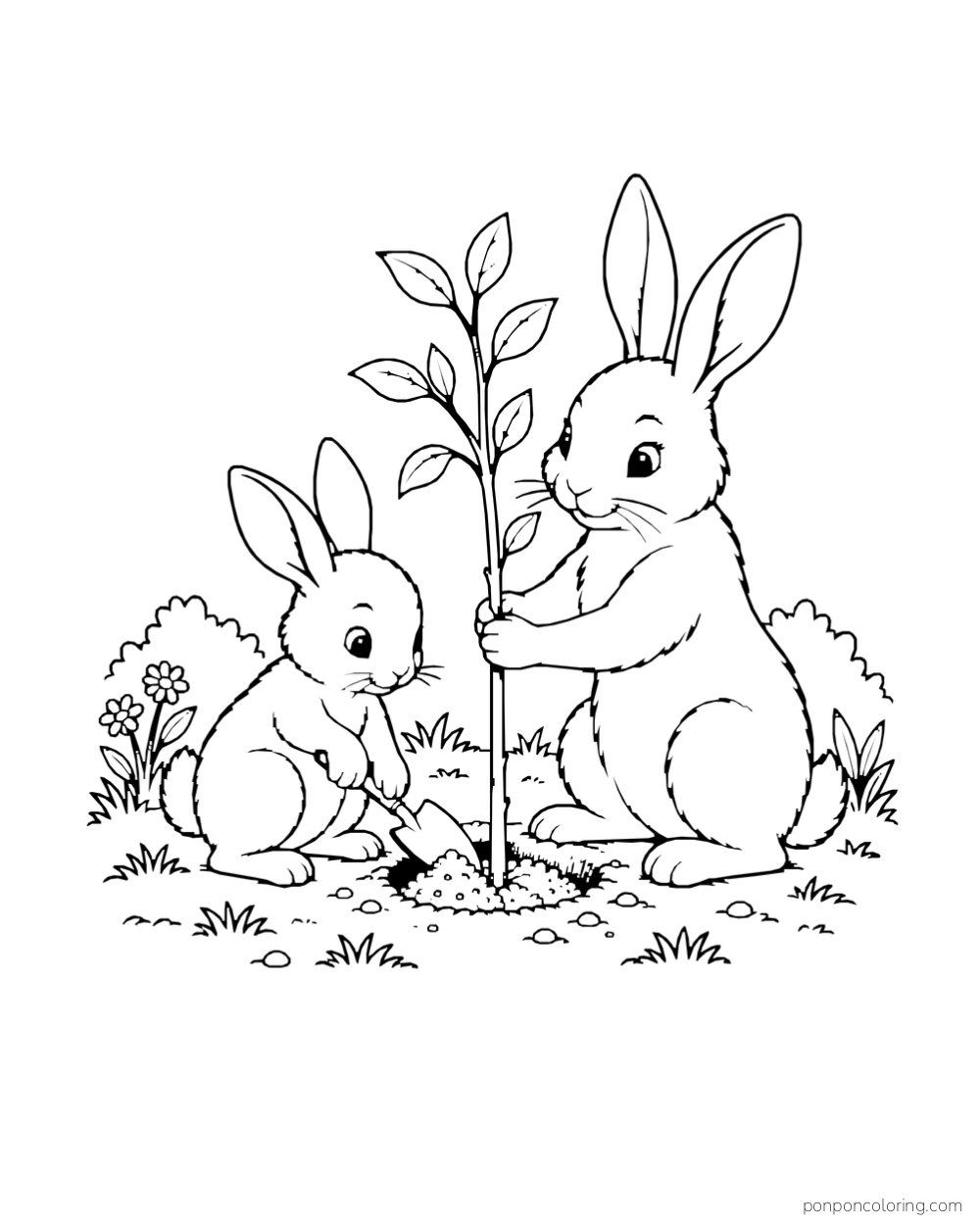 Two rabbits plant a young tree, one holding the trunk and the other using a trowel.