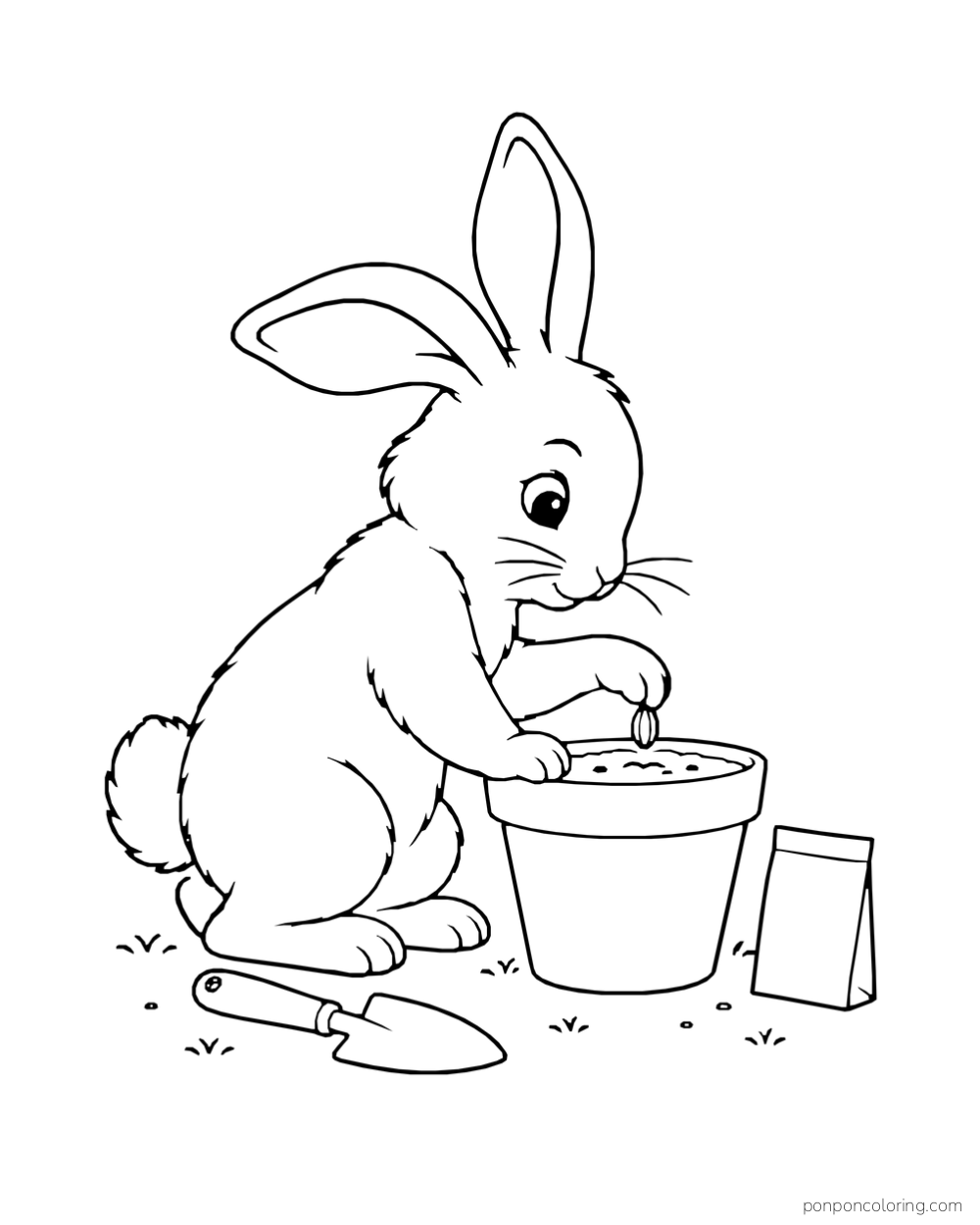 A rabbit plants a seed in a flowerpot beside a trowel and a plain packet.