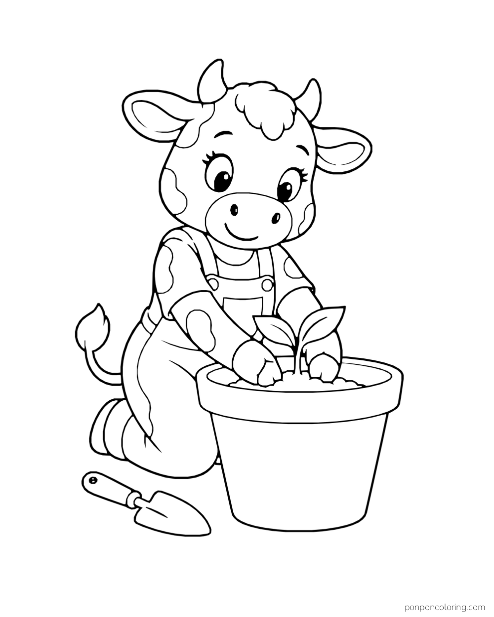 A cow kneels beside a pot and presses a seedling into the soil.