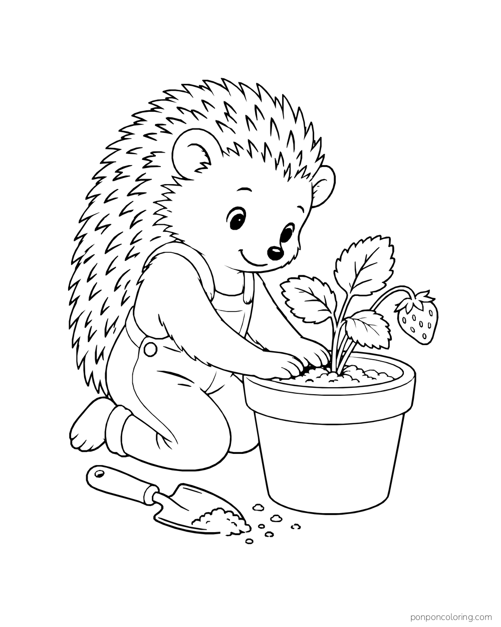 A hedgehog kneels by a pot and presses soil around a small strawberry plant, with a trowel nearby.