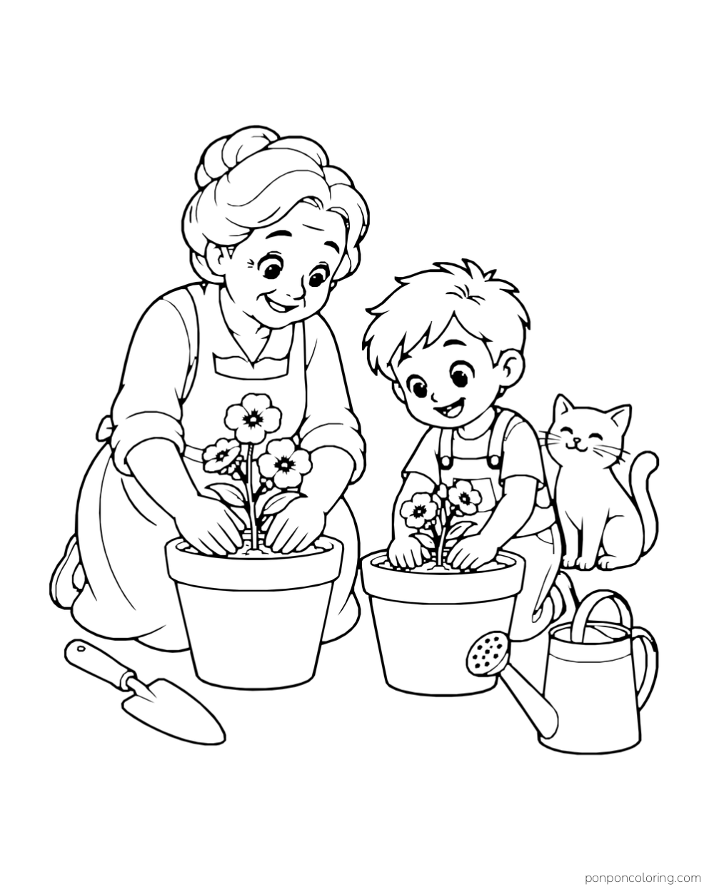 A grandmother and boy plant flowers in two pots beside a cat, a trowel, and a watering can.