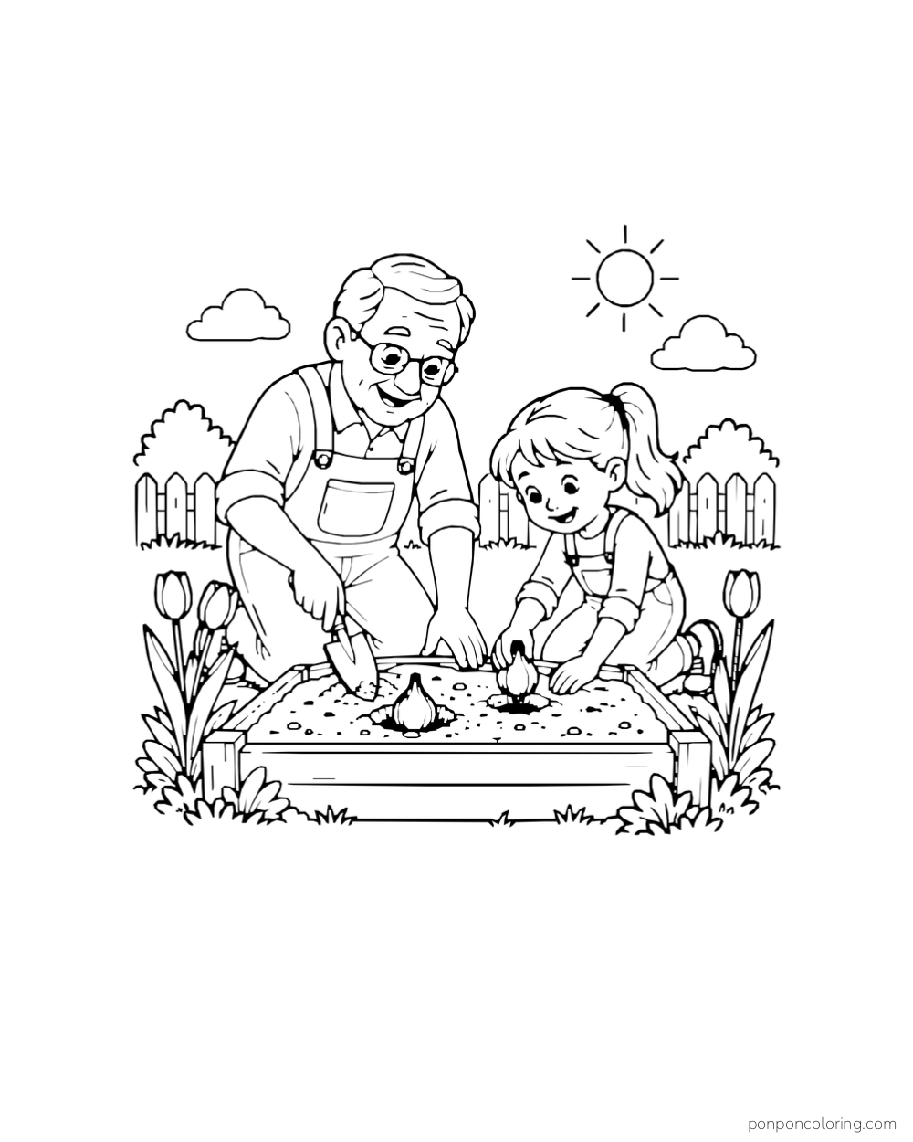 An older man and a child planting two bulbs in a raised garden bed.