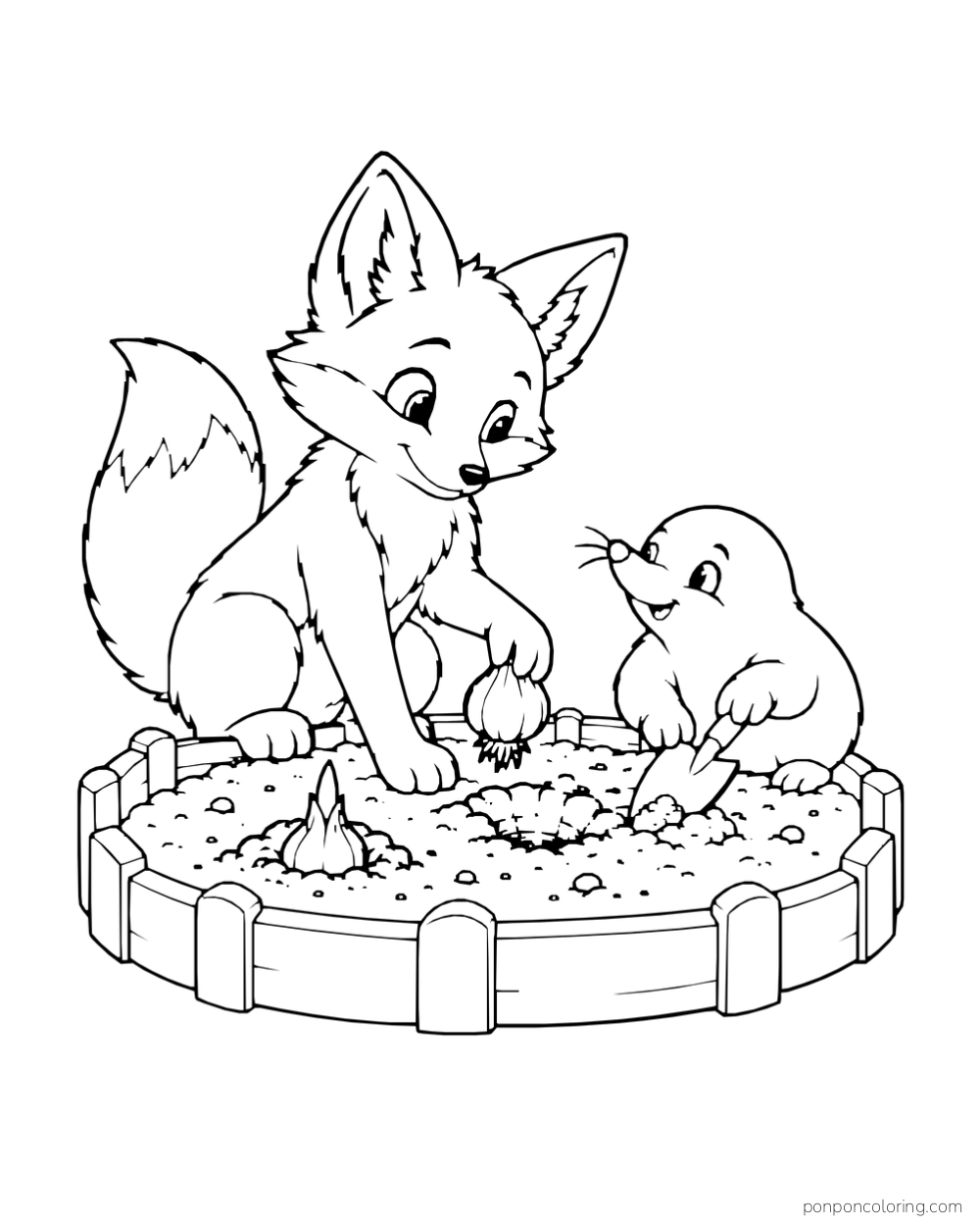 A fox and mole work in a round garden bed with bulbs and a little trowel.